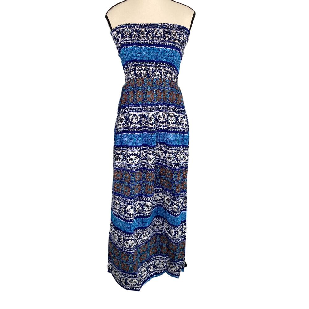 RAGA Blue Patterned Strapless Midi Dress